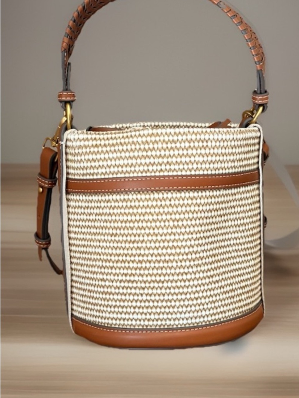House of Harlow 1960 Cream Woven Bucket Crossbody with Brown Trim